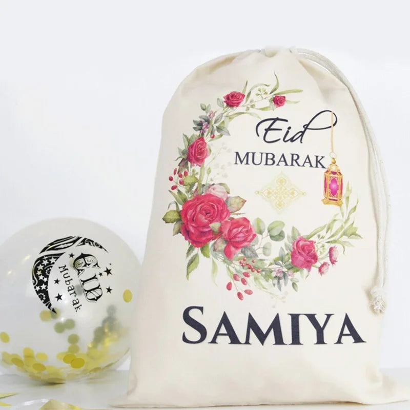 Personalised Custom Floral Crescent Moon eid Mubarak Gift eidi bag Eid Al-Fitr Muslim Islamic Ramadan Kareem Decoration present