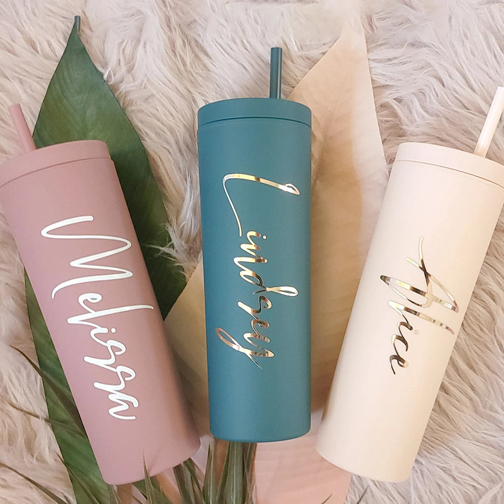 Personalized Slim Skinny Tumblers 16oz Matte Acrylic Water Bottle With Lid Straw Hen Party Bridesmaid Gifts Double Wall Colorful