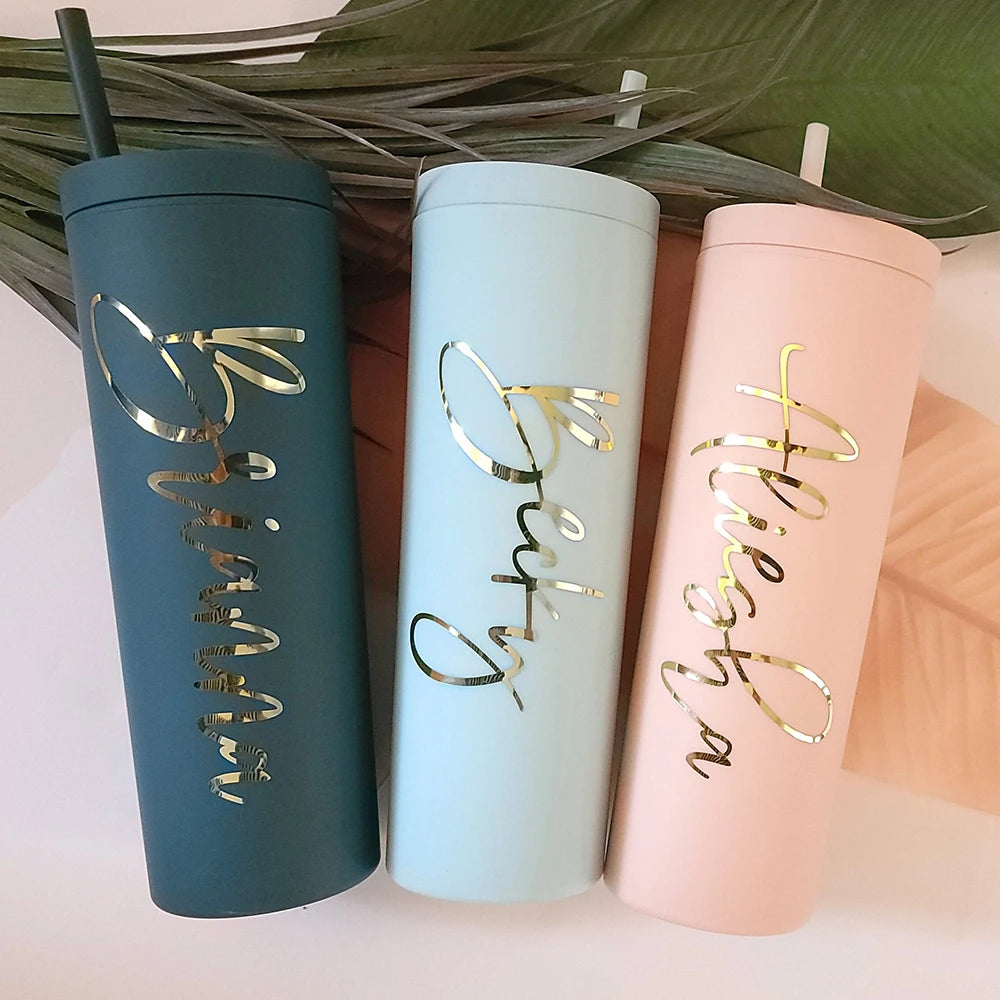 Personalized Slim Skinny Tumblers 16oz Matte Acrylic Water Bottle With Lid Straw Hen Party Bridesmaid Gifts Double Wall Colorful