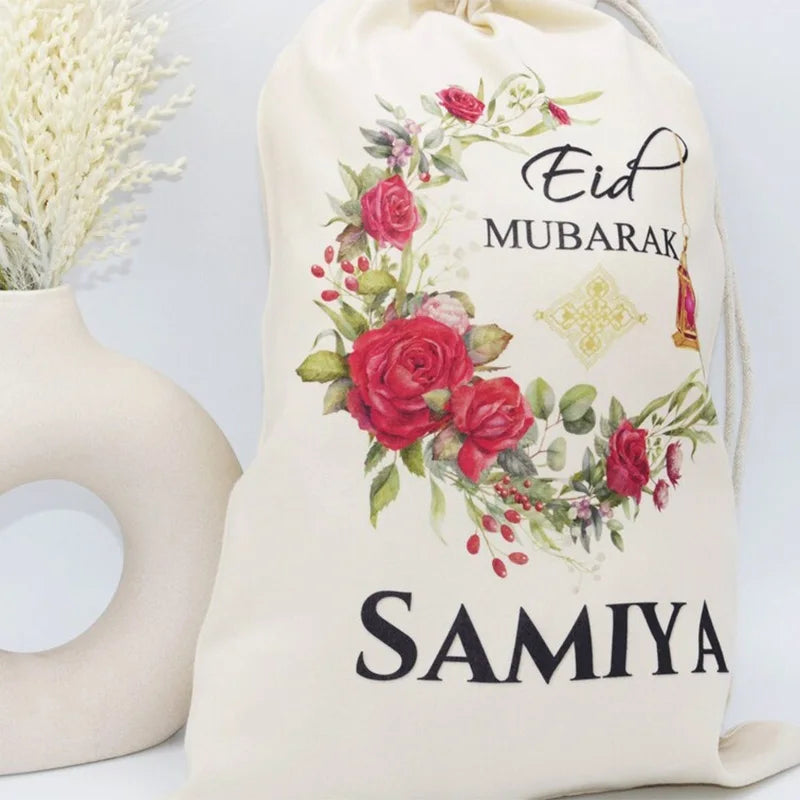 Personalised Custom Floral Crescent Moon eid Mubarak Gift eidi bag Eid Al-Fitr Muslim Islamic Ramadan Kareem Decoration present